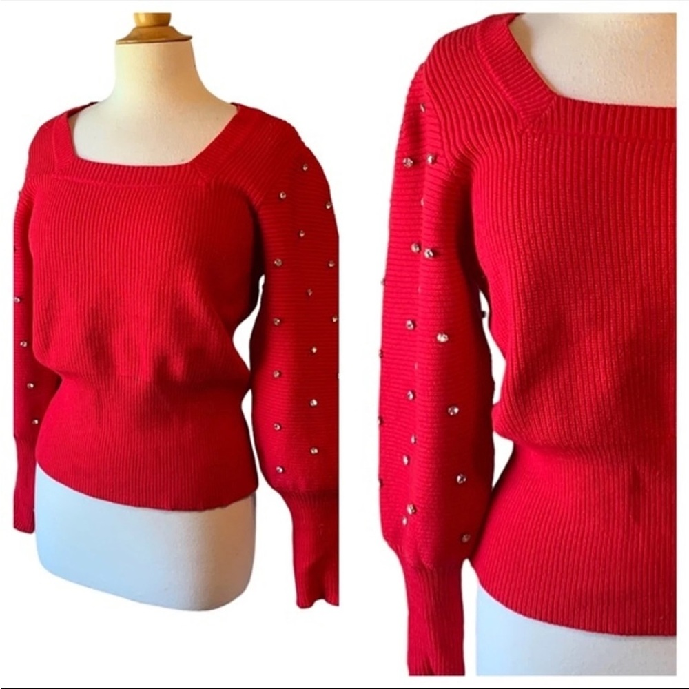 H Halston‎ Red Rhinestone Puff Sleeve Square Neck Sweater